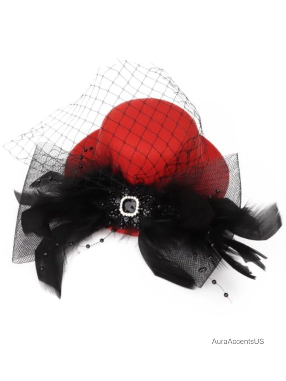 Mini Top Hat Fascinator Hair Clip Feathers Fishnet One Size - Picture 6 of 6